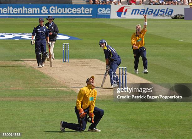 Michael Lumb of Yorkshire is out, caught Nic Pothas bowled Shane Watson of Hampshire during the Cheltenham & Gloucester Trophy Semi Final between...