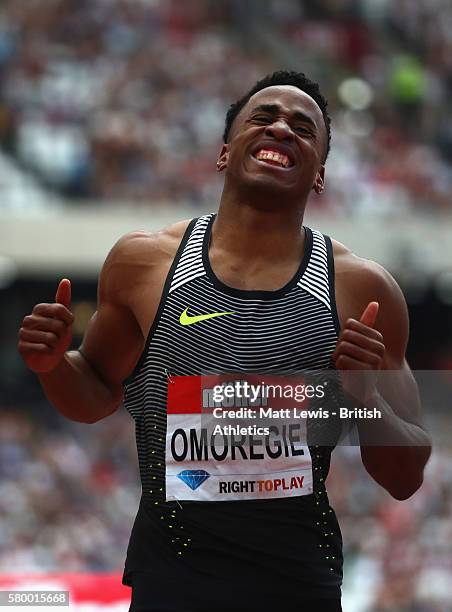 David Omoregie of Great Britain grimaces following the Men's 110 metres final during day two of the Muller Anniversary Games at The Stadium - Queen...