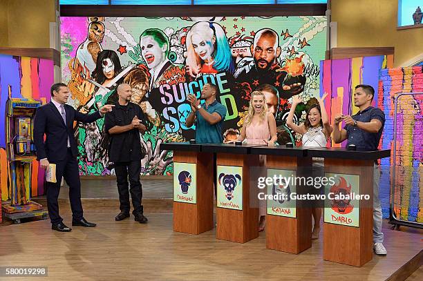 Alan Tacher, David Ayer , Will Smith, Margot Robbie, Karen Fukuhara and Jay Hernandez on the set of Univisions "Despierta America" to support the...