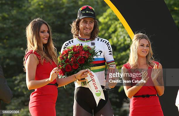 Peter Sagan of Slovakia and Tinkoff celebrates winning the best fighter of the Tour trophy following stage 21, last stage of the Tour de France 2016...
