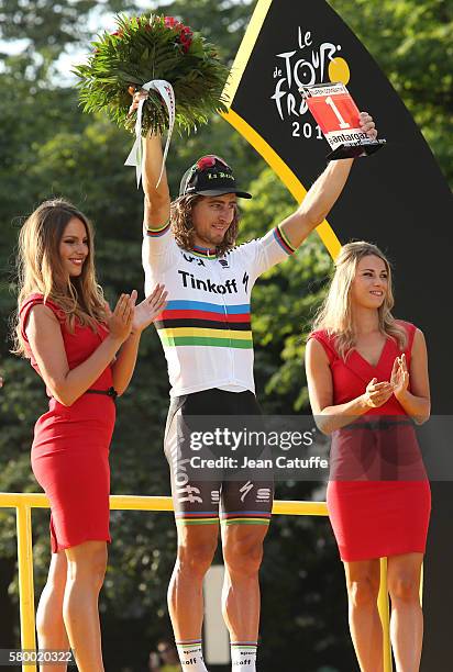 Peter Sagan of Slovakia and Tinkoff celebrates winning the best fighter of the Tour trophy following stage 21, last stage of the Tour de France 2016...