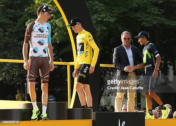 Bernard Hinault greets Romain Bardet of France and AG2R La Mondiale, Chris Froome of Great Britain and Team Sky, Nairo Quintana of Colombia and...