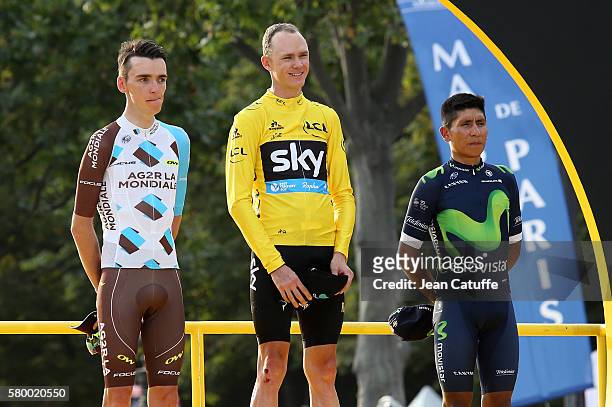 Second of the Tour Romain Bardet of France and AG2R La Mondiale, winner Chris Froome of Great Britain and Team Sky, third Nairo Quintana of Colombia...