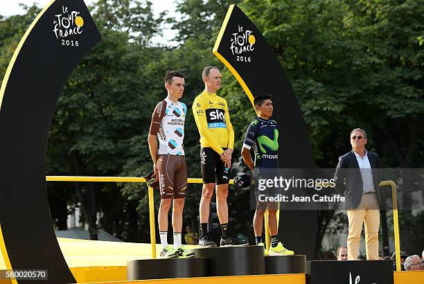 Second of the Tour Romain Bardet of France and AG2R La Mondiale, winner Chris Froome of Great Britain and Team Sky, third Nairo Quintana of Colombia...