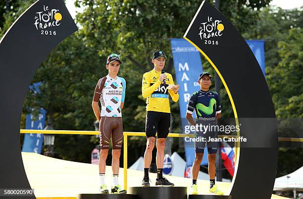 Second of the Tour Romain Bardet of France and AG2R La Mondiale, winner Chris Froome of Great Britain and Team Sky, third Nairo Quintana of Colombia...