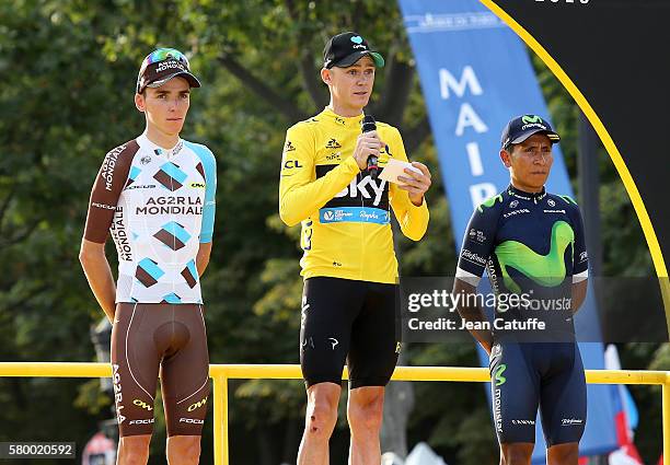 Second of the Tour Romain Bardet of France and AG2R La Mondiale, winner Chris Froome of Great Britain and Team Sky, third Nairo Quintana of Colombia...