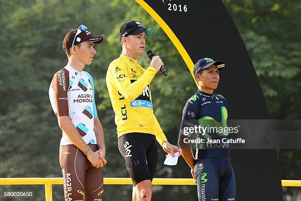 Second of the Tour Romain Bardet of France and AG2R La Mondiale, winner Chris Froome of Great Britain and Team Sky, third Nairo Quintana of Colombia...