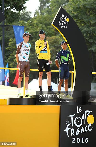 Second of the Tour Romain Bardet of France and AG2R La Mondiale, winner Chris Froome of Great Britain and Team Sky, third Nairo Quintana of Colombia...