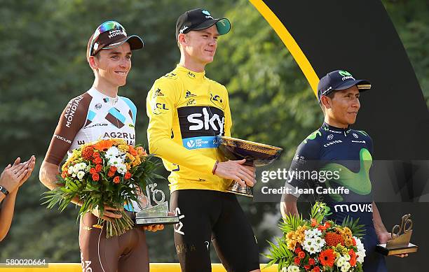 Second of the Tour Romain Bardet of France and AG2R La Mondiale, winner Chris Froome of Great Britain and Team Sky, third Nairo Quintana of Colombia...