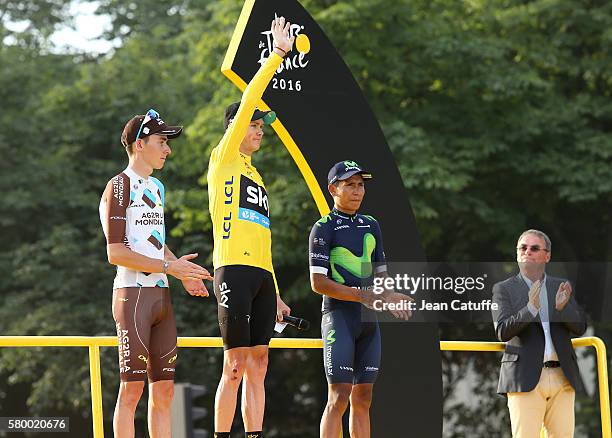 Second of the Tour Romain Bardet of France and AG2R La Mondiale, winner Chris Froome of Great Britain and Team Sky, third Nairo Quintana of Colombia...