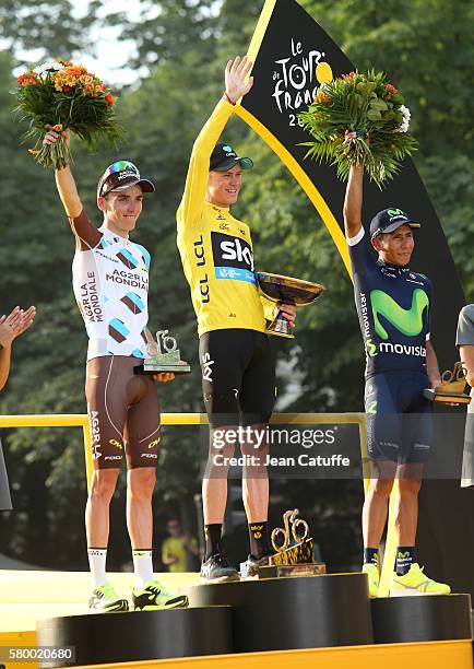 Second of the Tour Romain Bardet of France and AG2R La Mondiale, winner Chris Froome of Great Britain and Team Sky, third Nairo Quintana of Colombia...