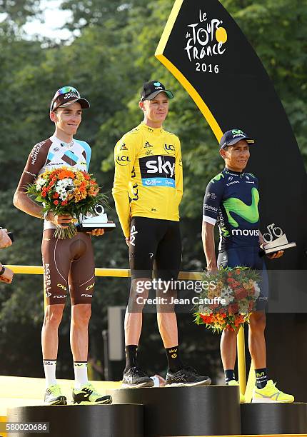 Second of the Tour Romain Bardet of France and AG2R La Mondiale, winner Chris Froome of Great Britain and Team Sky, third Nairo Quintana of Colombia...