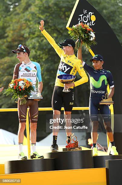 Second of the Tour Romain Bardet of France and AG2R La Mondiale, winner Chris Froome of Great Britain and Team Sky, third Nairo Quintana of Colombia...