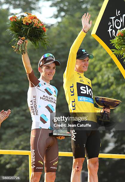 Second of the Tour Romain Bardet of France and AG2R La Mondiale and winner Chris Froome of Great Britain and Team Sky pose on the podium following...