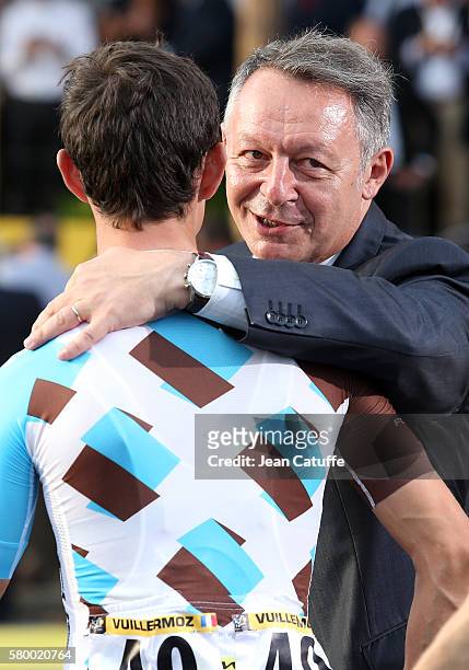French Secretary of State for Sports Thierry Braillard greets Alexis Vuillermozt of France and AG2R La Mondiale following stage 21, last stage of the...
