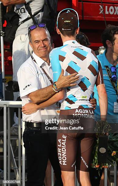 Second of the Tour Romain Bardet of France and AG2R La Mondiale greets his team manager Vincent Lavenu following stage 21, last stage of the Tour de...