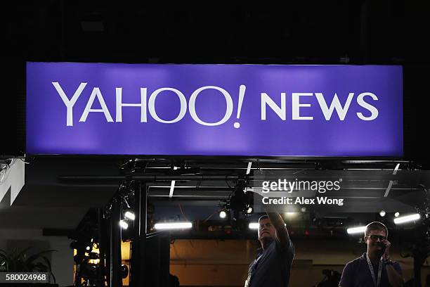 Yahoo! News sign is displayed prior to the start of the first day of the Democratic National Convention at the Wells Fargo Center, July 25, 2016 in...
