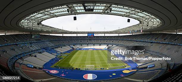 Panoramic view of the stadium during preparations before the UEFA EURO 2016 Final match between Portugal and France at Stade de France on July 10,...