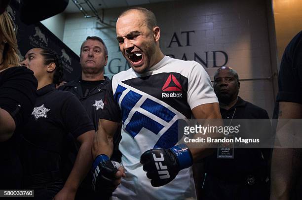 Eddie Alvarez prepares to enter the Octagon before facing Rafael Dos Anjos of Brazil in their lightweight championship bout during the UFC Fight...
