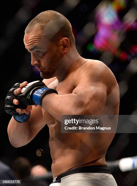 Eddie Alvarez prepares for the round to begin before facing Rafael Dos Anjos of Brazil in their lightweight championship bout during the UFC Fight...