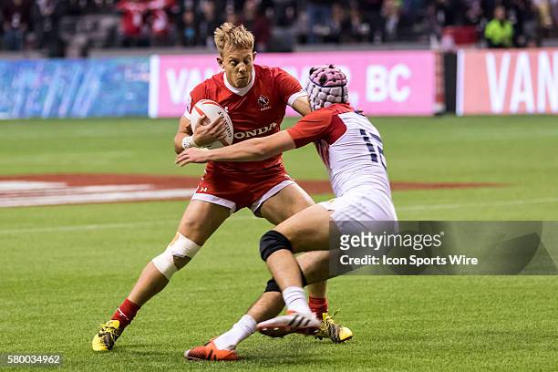 Harry Jones of Canada face to face with Theo Millet of France during the Bowl Final match between Canada and France at the Canada Sevens held March...