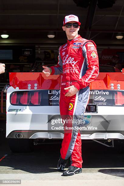 Ryan Reed gets ready to practice for the TREATMYCLOT.com 300 NASCAR Xfinity Series race at Auto Club Speedway in Fontana, CA.
