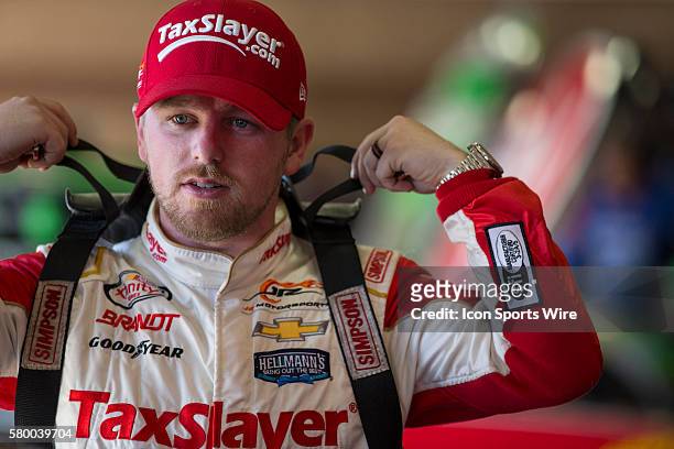 Justin Allgaier gets ready to practice for the TREATMYCLOT.com 300 NASCAR Xfinity Series race at Auto Club Speedway in Fontana, CA.