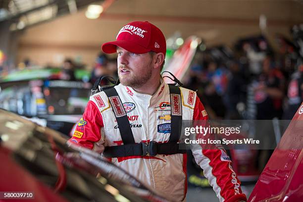 Justin Allgaier gets ready to practice for the TREATMYCLOT.com 300 NASCAR Xfinity Series race at Auto Club Speedway in Fontana, CA.