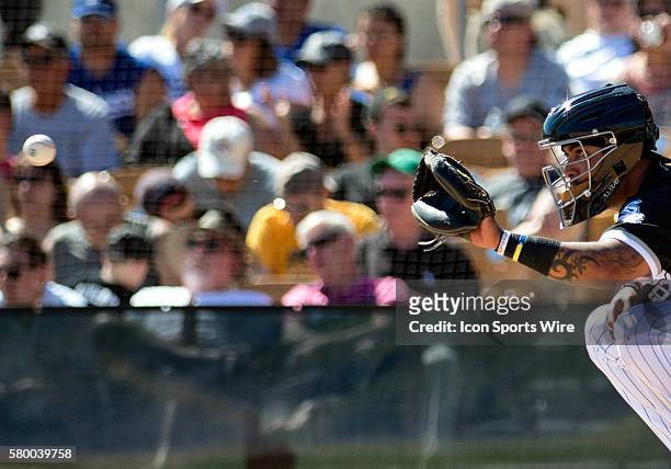 Chicago White Sox catcher Hector Sanchez eyes the ball during the spring training baseball game between the Los Angeles Dodgers and the White Sox at...