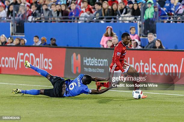 After being beat, Montreal Impact defender Hassoun Camara reaches out to grab FC Dallas forward Fabian Castillo during the MLS match between the...