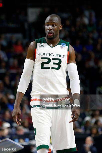 Tonye Jekiri of the Miami Hurricanes. The Miami Hurricanes defeated the Wichita State Shockers 65-57 in the second round of the NCAA Division 1 men's...