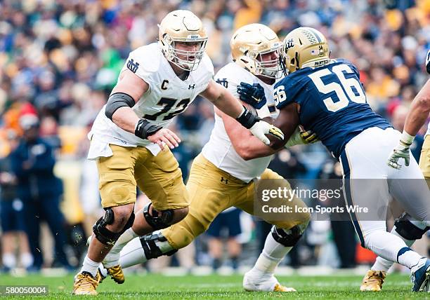 Notre Dame Fighting Irish center Nick Martin mans his position during the second half in the game between the Notre Dame Fighting Irish and the...