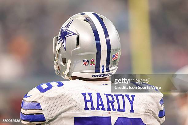 Dallas Cowboys defensive end Greg Hardy watches from the sidelines during the game between the Dallas Cowboys and the New England Patriots at AT&T...