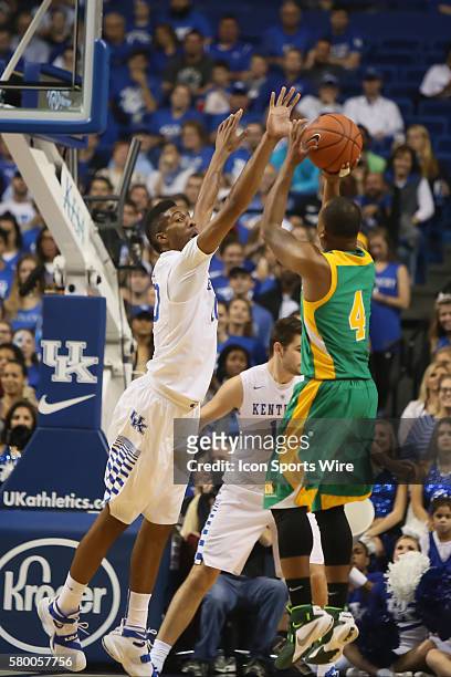 November 6, 2015 Wildcats freshmen guard Marcus Lee blocks the shot of Thorobreds sophomore guard Malcolm Smith during the 1st half of the NCAA...