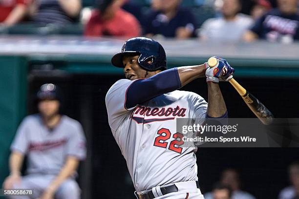 Minnesota Twins Designated hitter Miguel Sano [7849] doubles to center to drive in a run during the first inning of the game between the Minnesota...