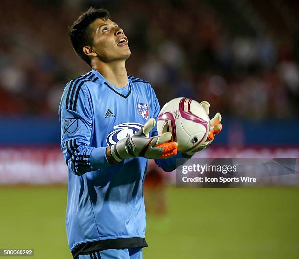 Dallas goalie Jesse Gonzalez looks up after beating the Vancouver Whitecaps, 2-0 in a MLS game played at Toyota Stadium in Frisco,Texas.