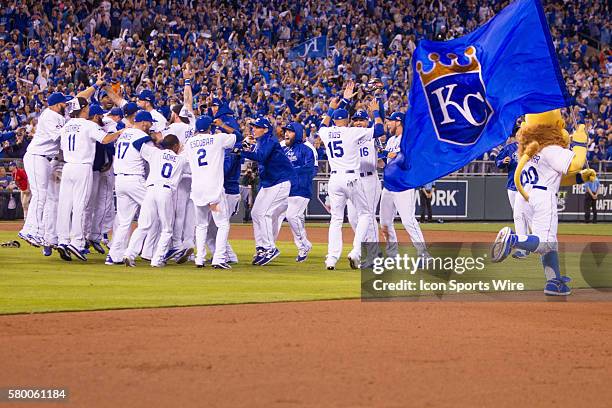 Kansas City Royals celebrate after winning the ALDS series game between the Houston Astros and the Kansas City Royals at Kauffman Stadium in Kansas...