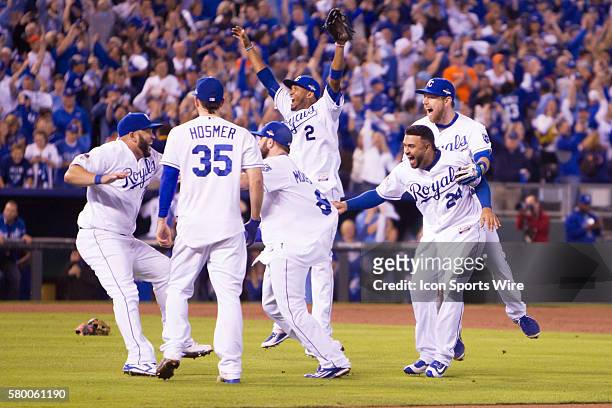 Kansas City Royals celebrate after winning the ALDS series game between the Houston Astros and the Kansas City Royals at Kauffman Stadium in Kansas...