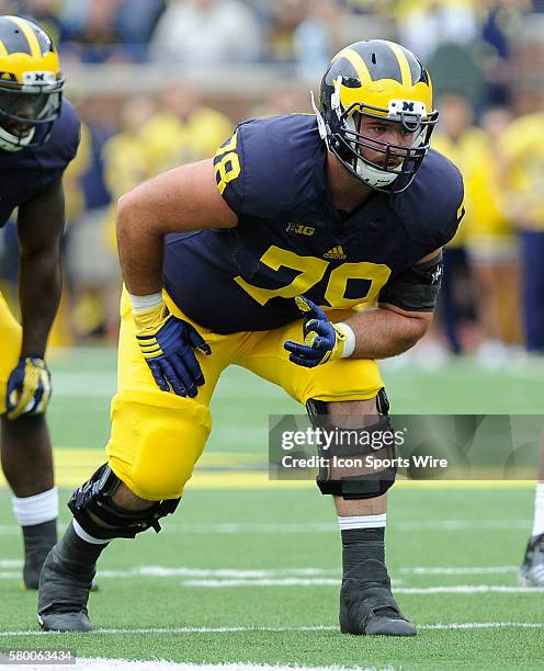 Michigan offensive lineman Erik Magnuson in action during the Michigan Wolverines 35-7 win over the Oregon State Beavers, Saturday afternoon at...