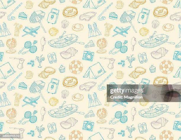 nahtlose urlaubs- und reise-doodles - schlauchboot stock-grafiken, -clipart, -cartoons und -symbole