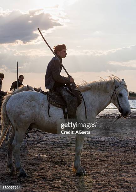 three herders on their horses, camargue, france - imbrunire stockfoto's en -beelden