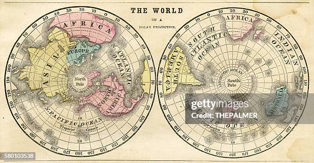 ilustraciones, imágenes clip art, dibujos animados e iconos de stock de proyección polar del mapa del mundo 1856 - north pole