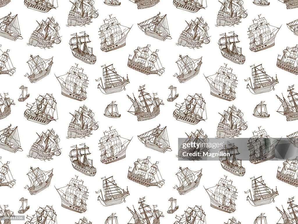 Seamless Old Sailing Ships Doodles