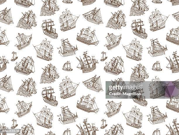 seamless old sailing ships doodles - brigantine 幅插畫檔、美工圖案、卡通及圖標