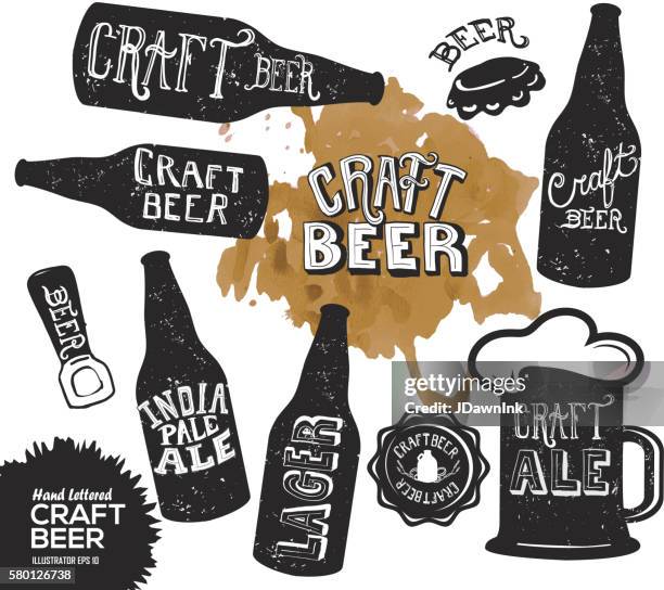 illustrazioni stock, clip art, cartoni animati e icone di tendenza di set scritto a mano di bottiglie di birra artigianale - boccale da birra di ceramica
