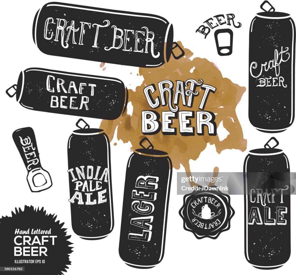 Hand lettered set of craft beer cans