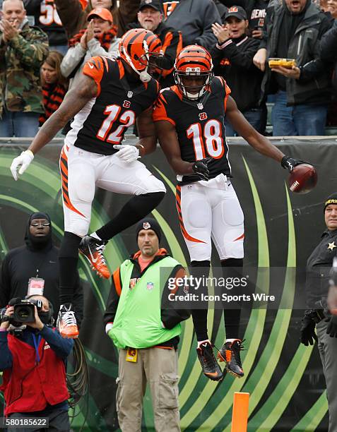 Cincinnati Bengals wide receiver A.J. Green celebrates touchdown catch with Mohamed Sanu during first half of play against the by St. Louis Rams at...