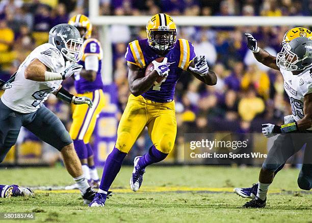 October 3; Eastern Michigan Eagles at LSU Tigers; LSU Tigers running back Leonard Fournette rushes the ball during a game in Baton Rouge, Louisiana