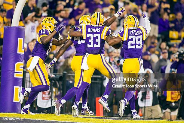 October 3; Eastern Michigan Eagles at LSU Tigers; LSU Tigers linebacker Deion Jones scores a touchdown during a game in Baton Rouge, Louisiana