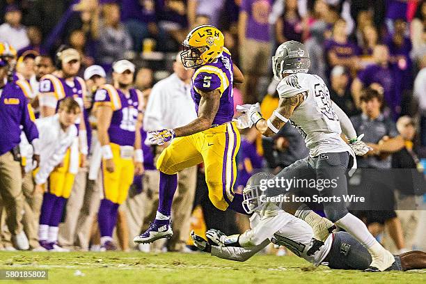 October 3; Eastern Michigan Eagles at LSU Tigers; LSU Tigers running back Derrius Guice during a game in Baton Rouge, Louisiana